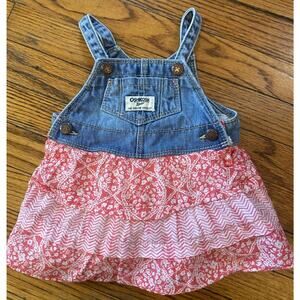Oshkosh Denim Ruffle Floral Overalls Dress Jumper Infant Girls 6M Adjustable
